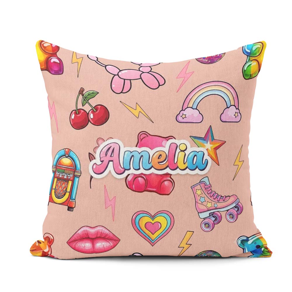 Custom Name Gummy Bear Rainbow Roller Skate Lightning Background Square Filled Cushion Throw Pillow Sofa Bed Home Decor Zip Washable UK Made