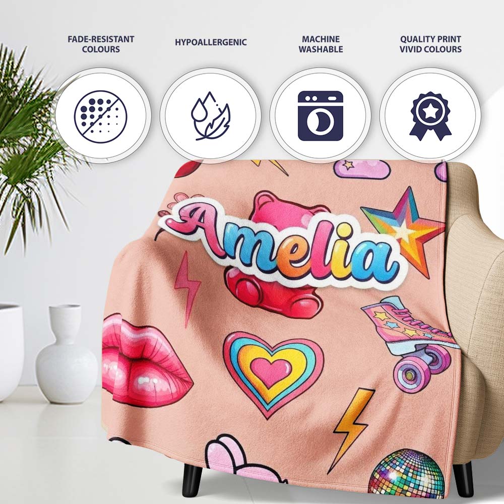 Gummy Bear Rainbow Roller Skate Lightning Peach Background Seamless Personalised Custom Name Super Soft Fleece Blanket Bed Sofa Throw
