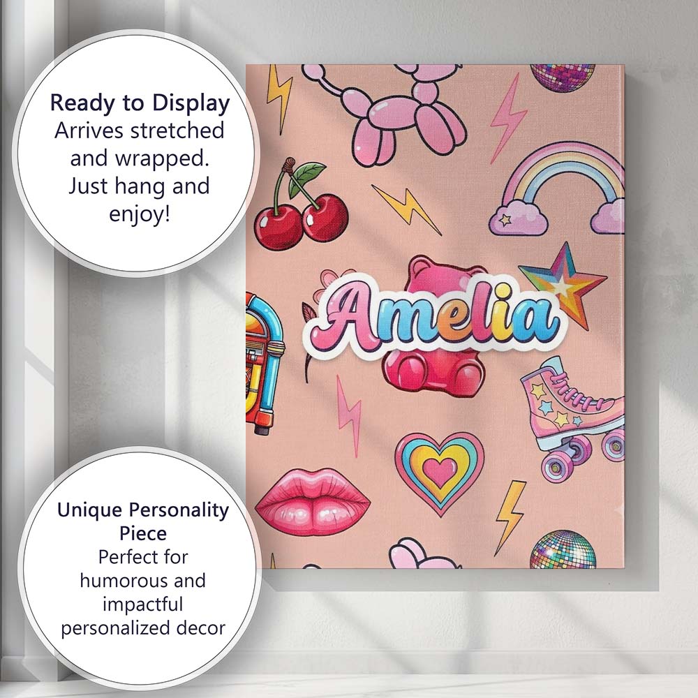 Personalised Name Gummy Bear Rainbow Roller Custom Bespoke Interior Contemporary Canvas Wall Art Print Decor Picture Ready to Hang