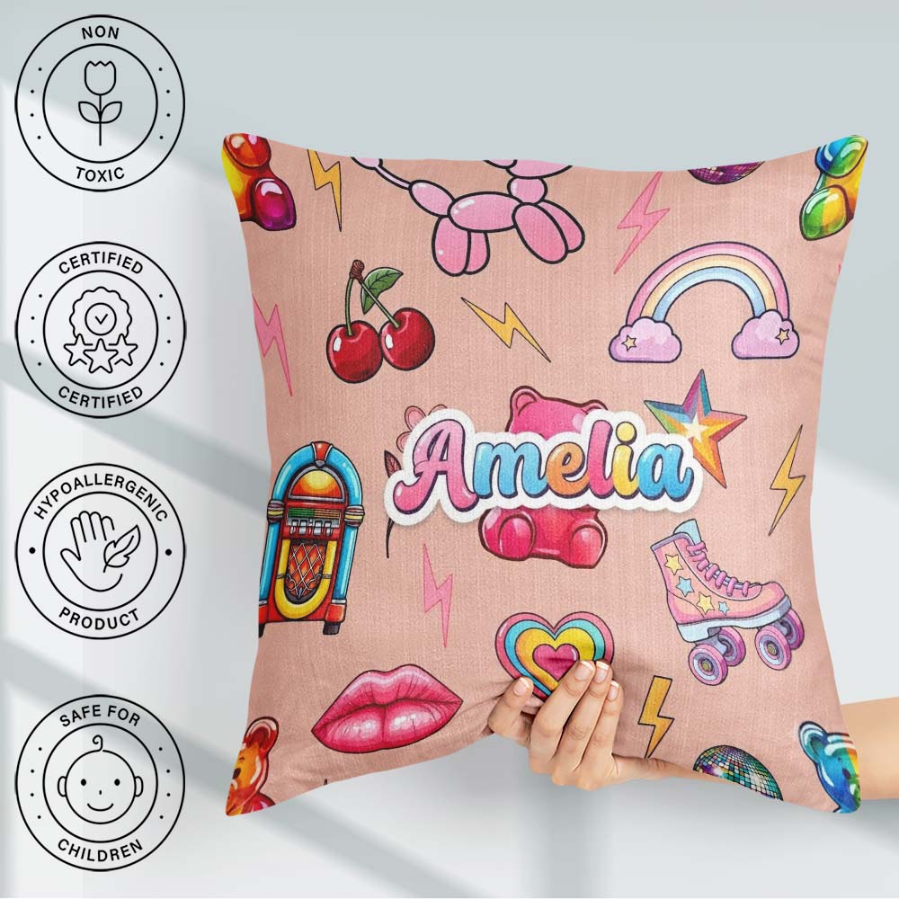 Custom Name Gummy Bear Rainbow Roller Skate Lightning Background Square Filled Cushion Throw Pillow Sofa Bed Home Decor Zip Washable UK Made
