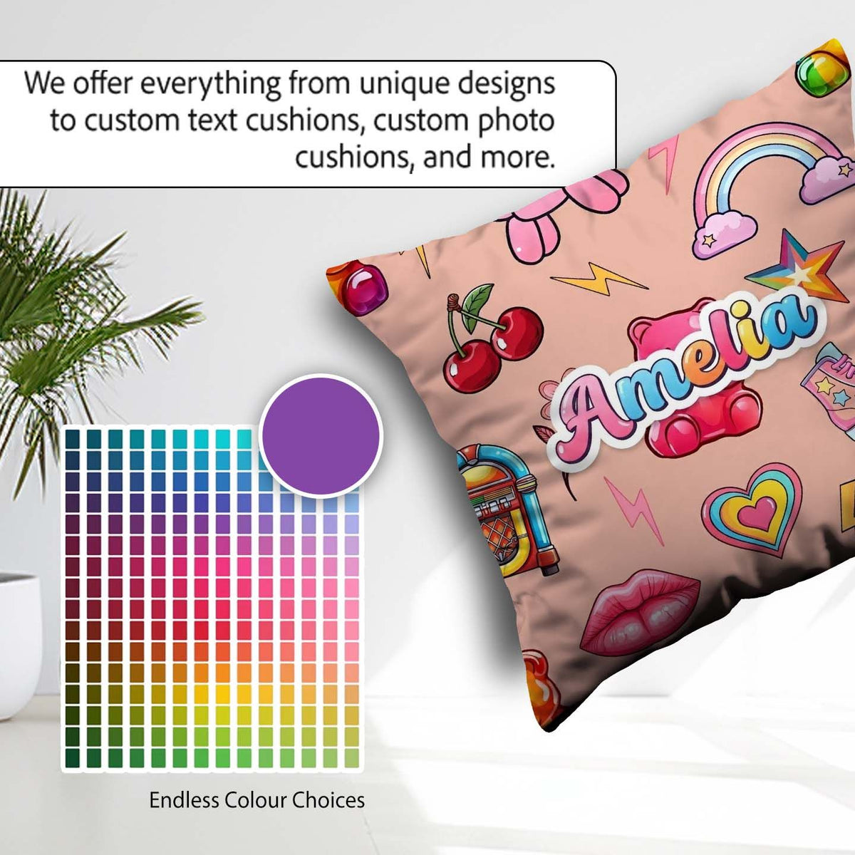 Custom Name Gummy Bear Rainbow Roller Skate Lightning Background Square Filled Cushion Throw Pillow Sofa Bed Home Decor Zip Washable UK Made