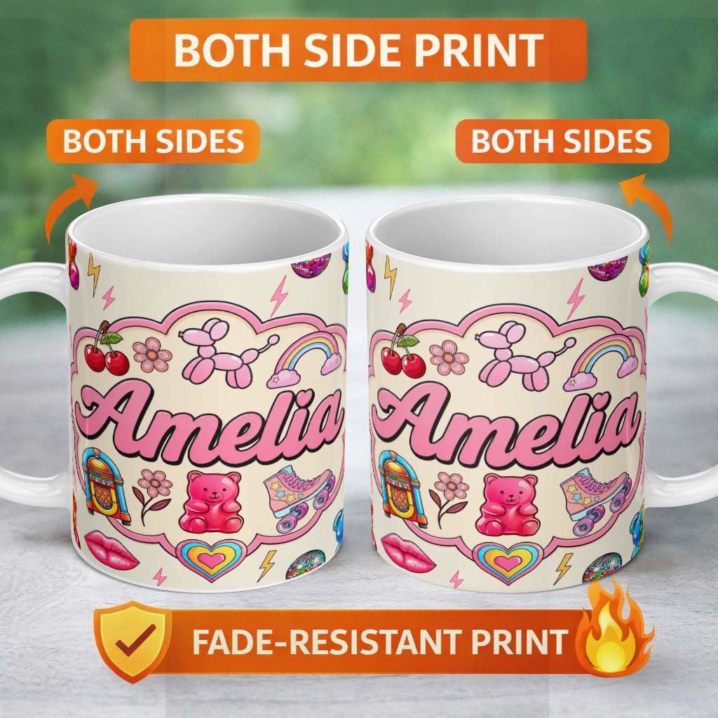 Personalized Custom Name Gummy Bear Rainbow Roller Skate Lightning Beige Background Seamless 11oz Ceramic Coffee Tea Mug White Large Handle