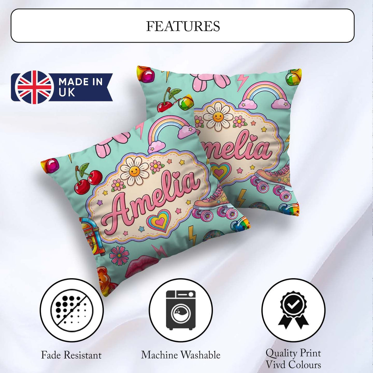 Custom Name Gummy Bear Rainbow Roller Skate Lightning Background Square Filled Cushion Throw Pillow Sofa Bed Home Decor Zip Washable UK Made