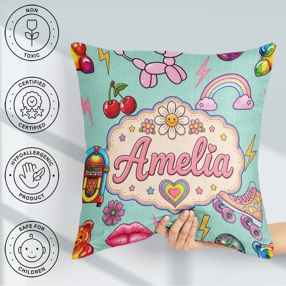 Custom Name Gummy Bear Rainbow Roller Skate Lightning Background Square Filled Cushion Throw Pillow Sofa Bed Home Decor Zip Washable UK Made
