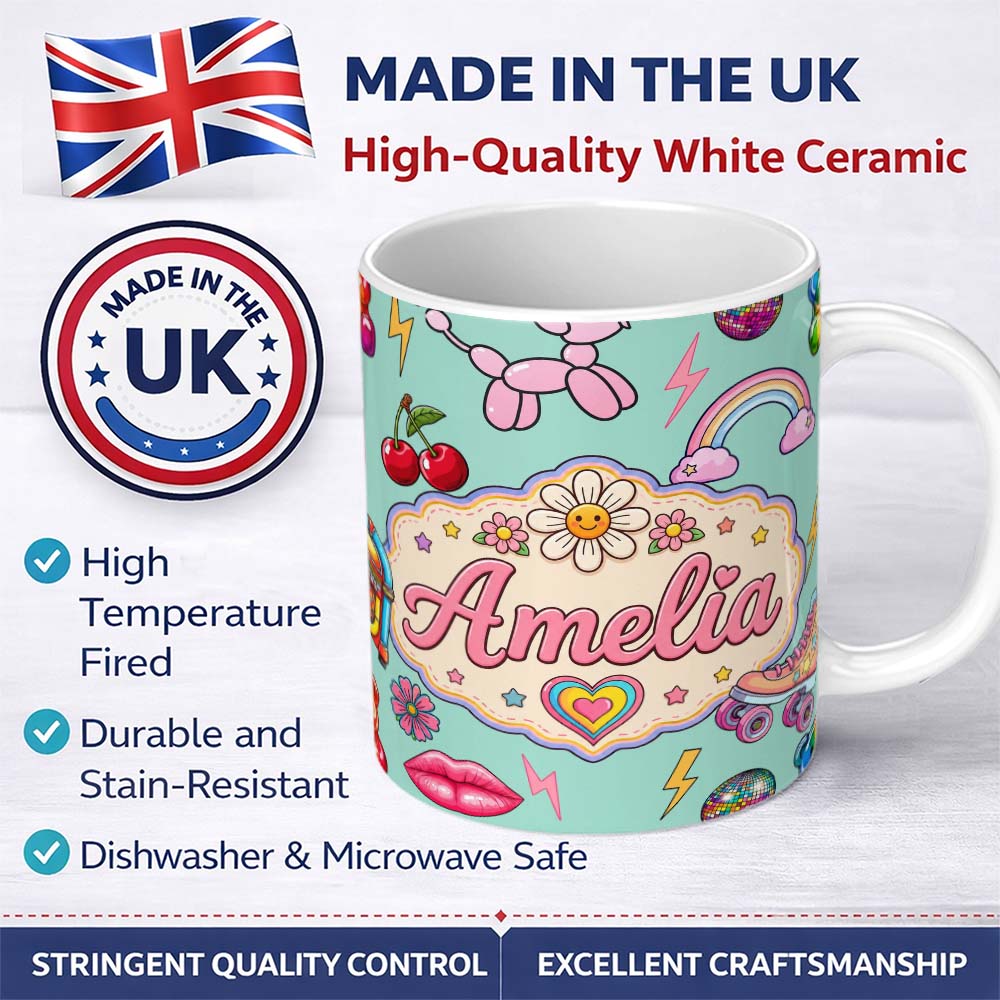 Personalized Custom Name Gummy Bear Rainbow Roller Skate Lightning Mint Background Seamless 11oz Ceramic Coffee Tea Mug White Large Handle