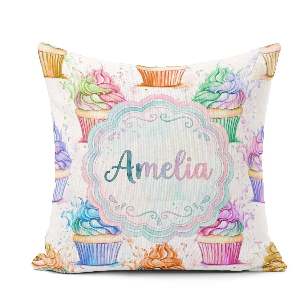 Custom Name Cupcake Sweet Dessert Splash Seamless Pattern Lovely Square Filled Cushion Throw Pillow Sofa Bed Home Decor Zip Washable UK Made