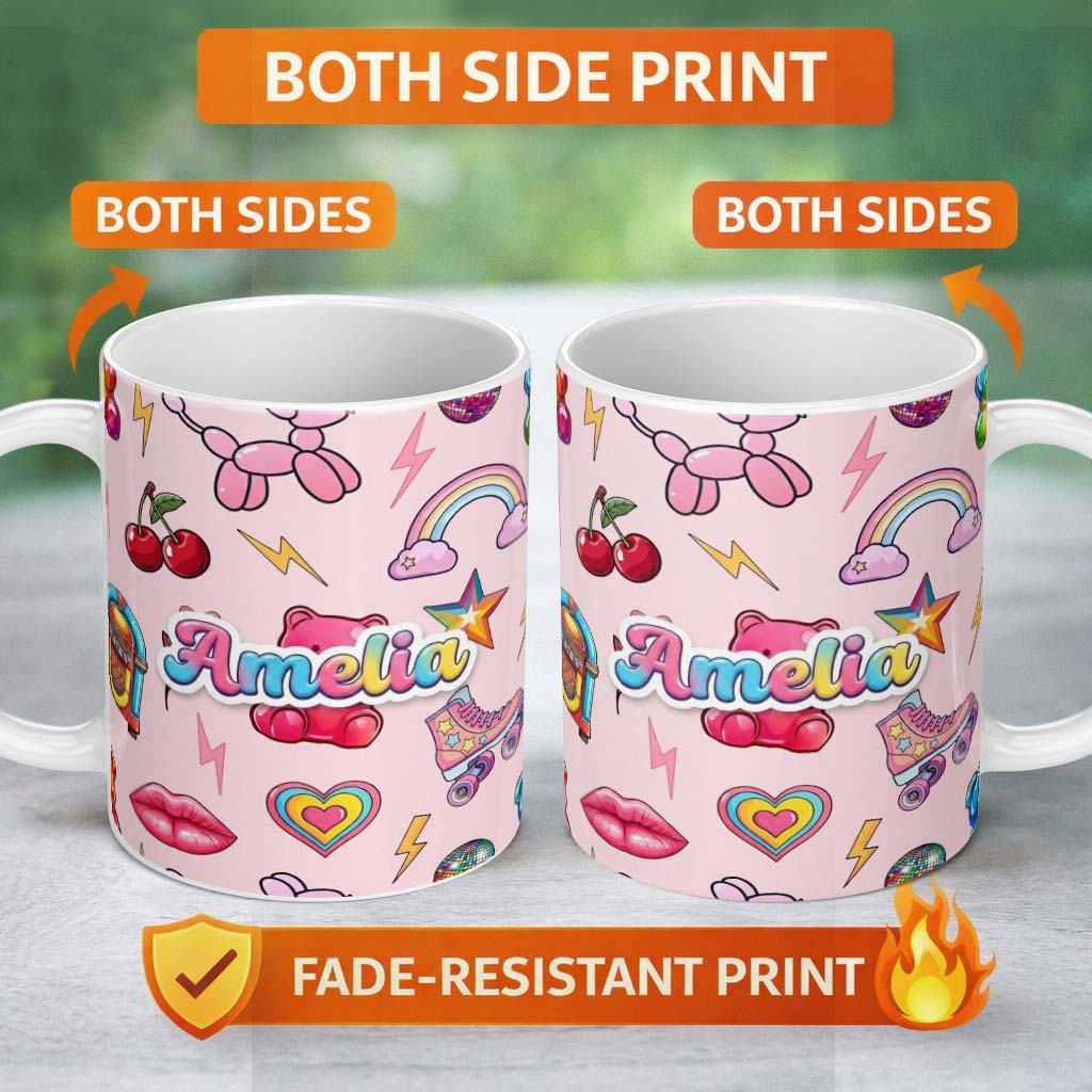 Personalized Custom Name Cute Kawaii Gummy Bear Cherry Rainbow Roller Skate Pink Background 11oz Ceramic Coffee Tea Mug White Large Handle