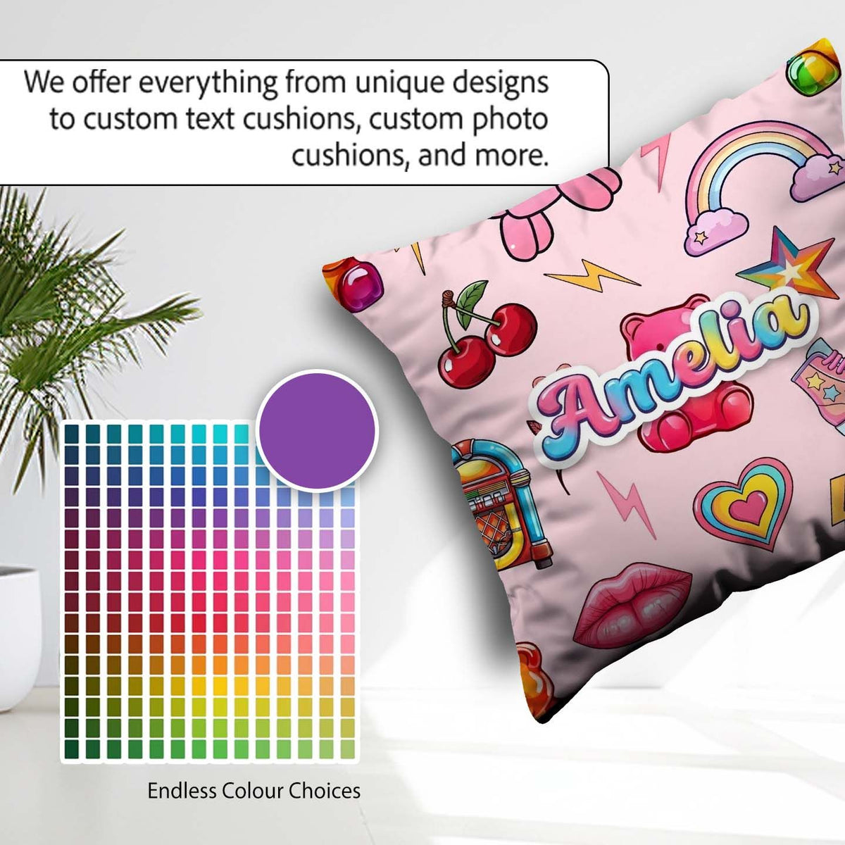 Custom Name Kawaii Gummy Bear Cherry Rainbow Roller Skate Pink Square Filled Cushion Throw Pillow Sofa Bed Home Decor Zip Washable UK Made