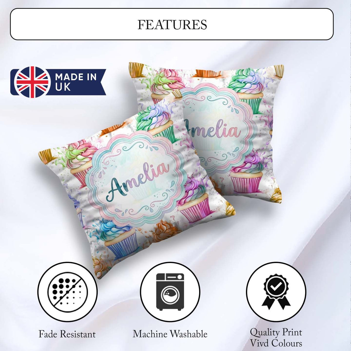 Custom Name Cupcake Sweet Dessert Splash Seamless Pattern Lovely Square Filled Cushion Throw Pillow Sofa Bed Home Decor Zip Washable UK Made
