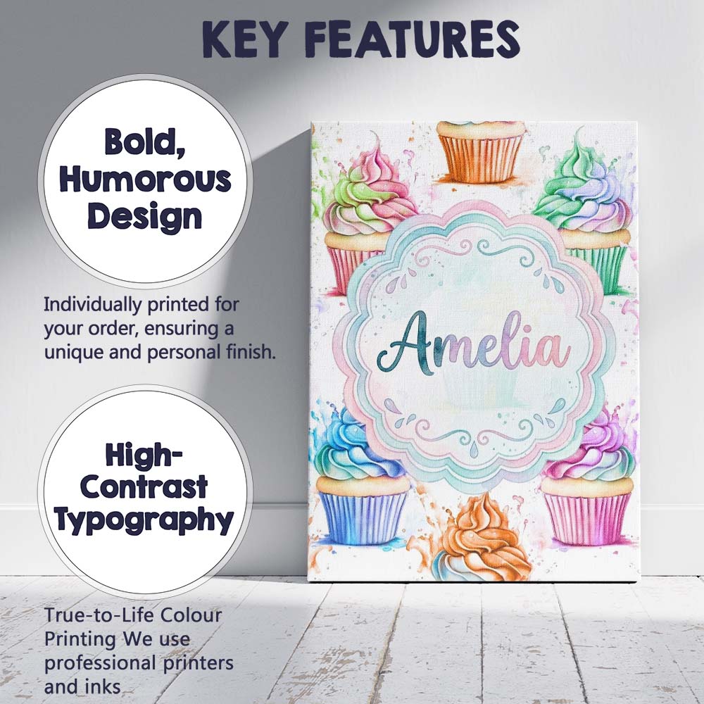 Personalised Name Watercolor Cupcake Sweet Custom Unique Gift Idea Elegant Feature Canvas Wall Art Print Decor Picture Ready to Hang