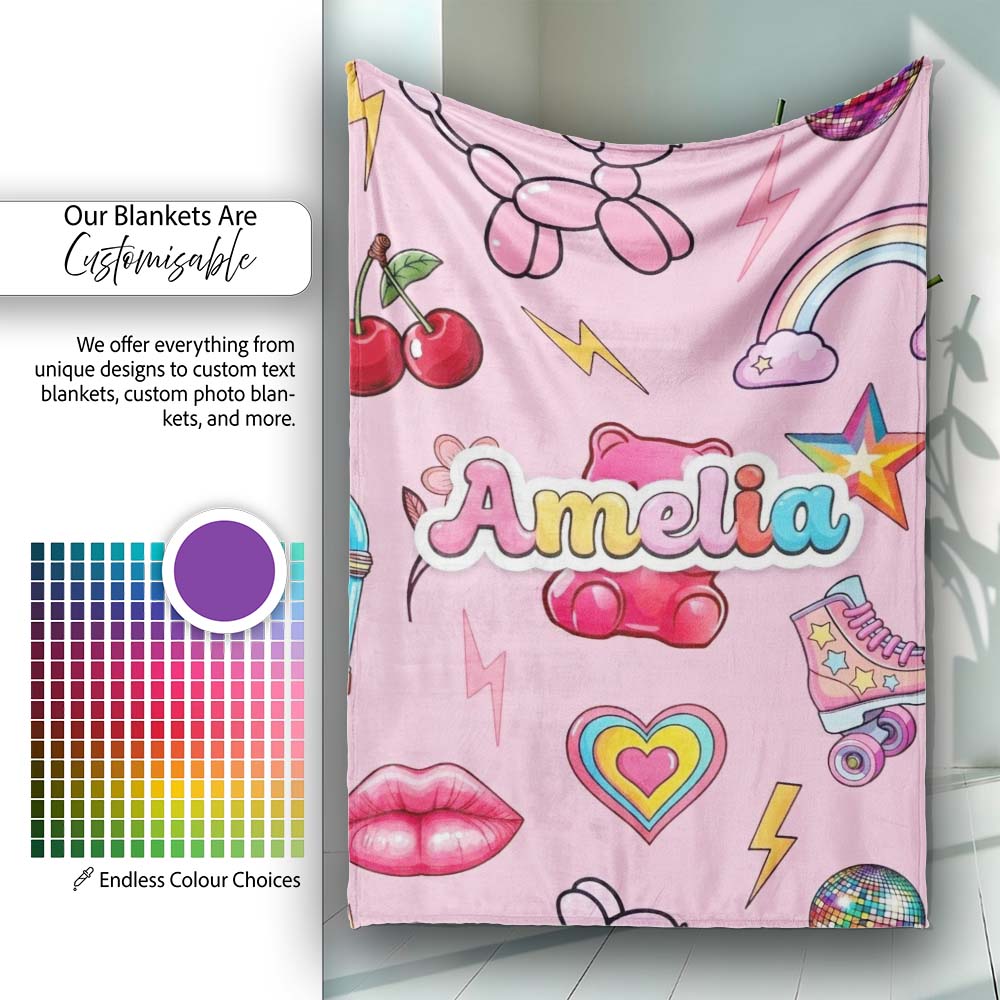 Gummy Bear Cherry Rainbow Roller Skate Light Pink Background Personalised Custom Name Super Soft Fleece Blanket Bed Sofa Throw