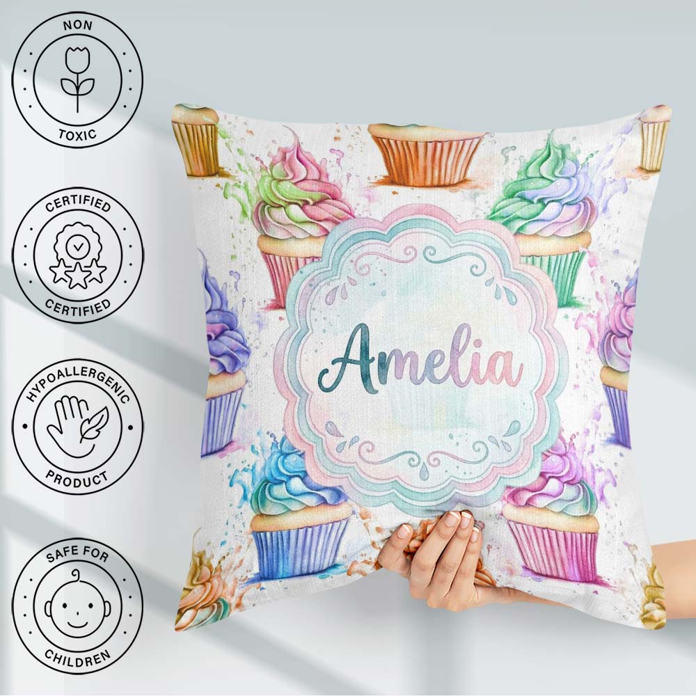 Custom Name Cupcake Sweet Dessert Splash Seamless Pattern Lovely Square Filled Cushion Throw Pillow Sofa Bed Home Decor Zip Washable UK Made