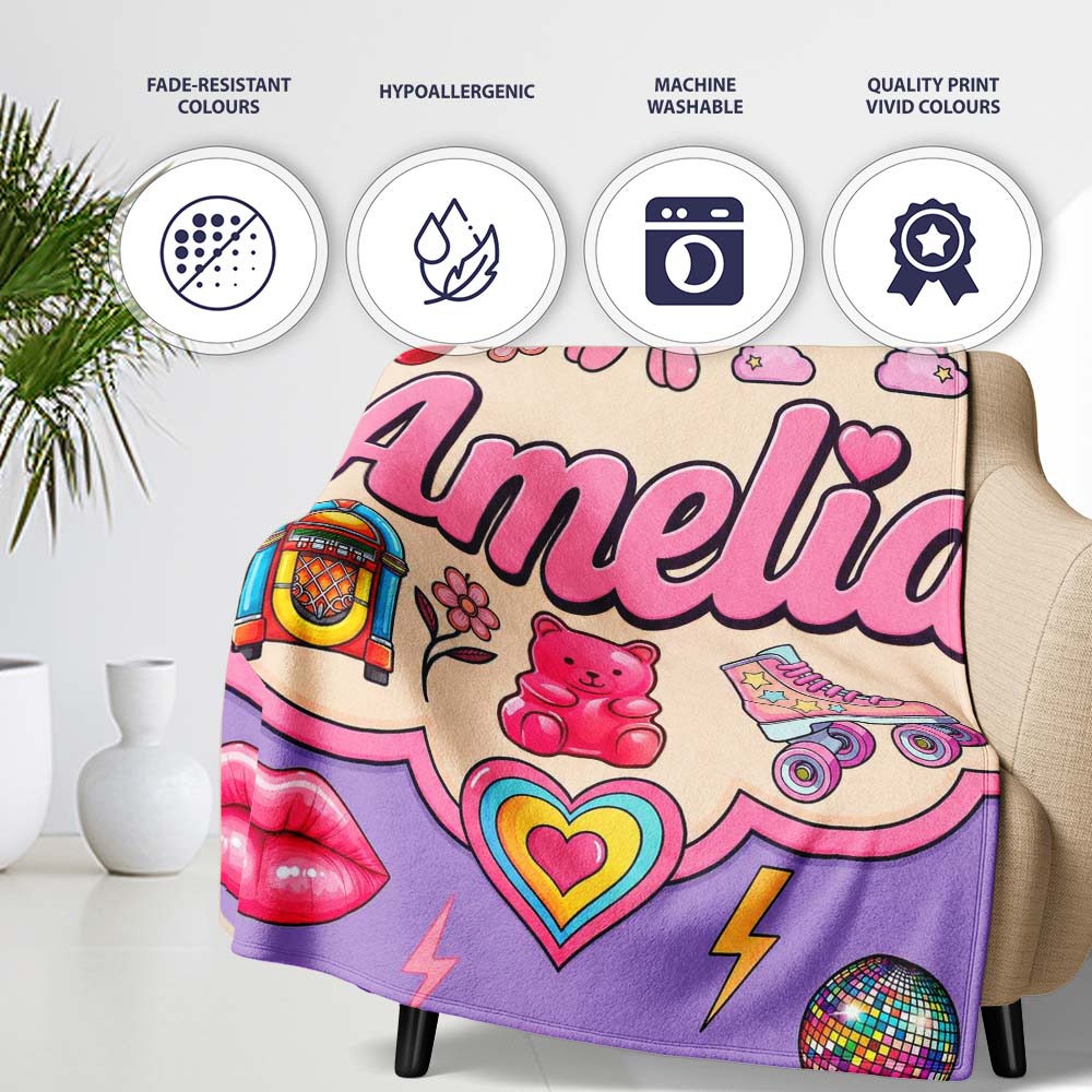 Cute Kawaii Gummy Bear Cherry Rainbow Roller Skate Purple Personalised Custom Name Super Soft Fleece Blanket Bed Sofa Throw