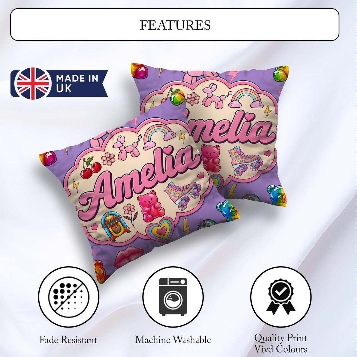Custom Name Kawaii Gummy Bear Cherry Rainbow Roller Skate Purple Square Filled Cushion Throw Pillow Sofa Bed Home Decor Zip Washable UK Made