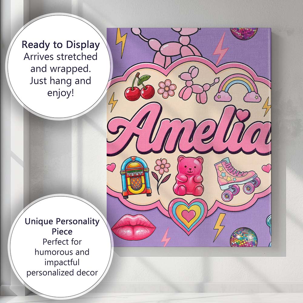 Personalised Name Cute Kawaii Gummy Bear Custom Unique Gift Idea Elegant Feature Canvas Wall Art Print Decor Picture Ready to Hang