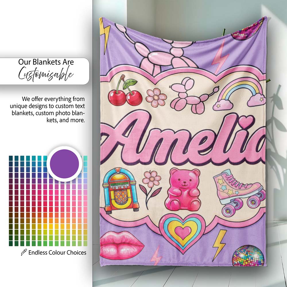 Cute Kawaii Gummy Bear Cherry Rainbow Roller Skate Purple Personalised Custom Name Super Soft Fleece Blanket Bed Sofa Throw