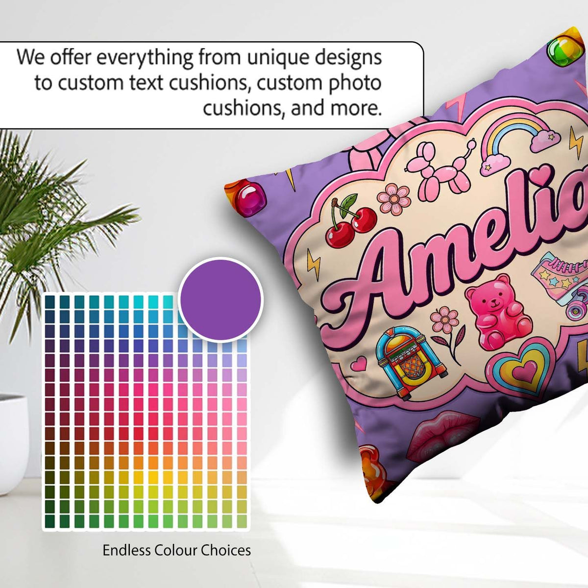 Custom Name Kawaii Gummy Bear Cherry Rainbow Roller Skate Purple Square Filled Cushion Throw Pillow Sofa Bed Home Decor Zip Washable UK Made