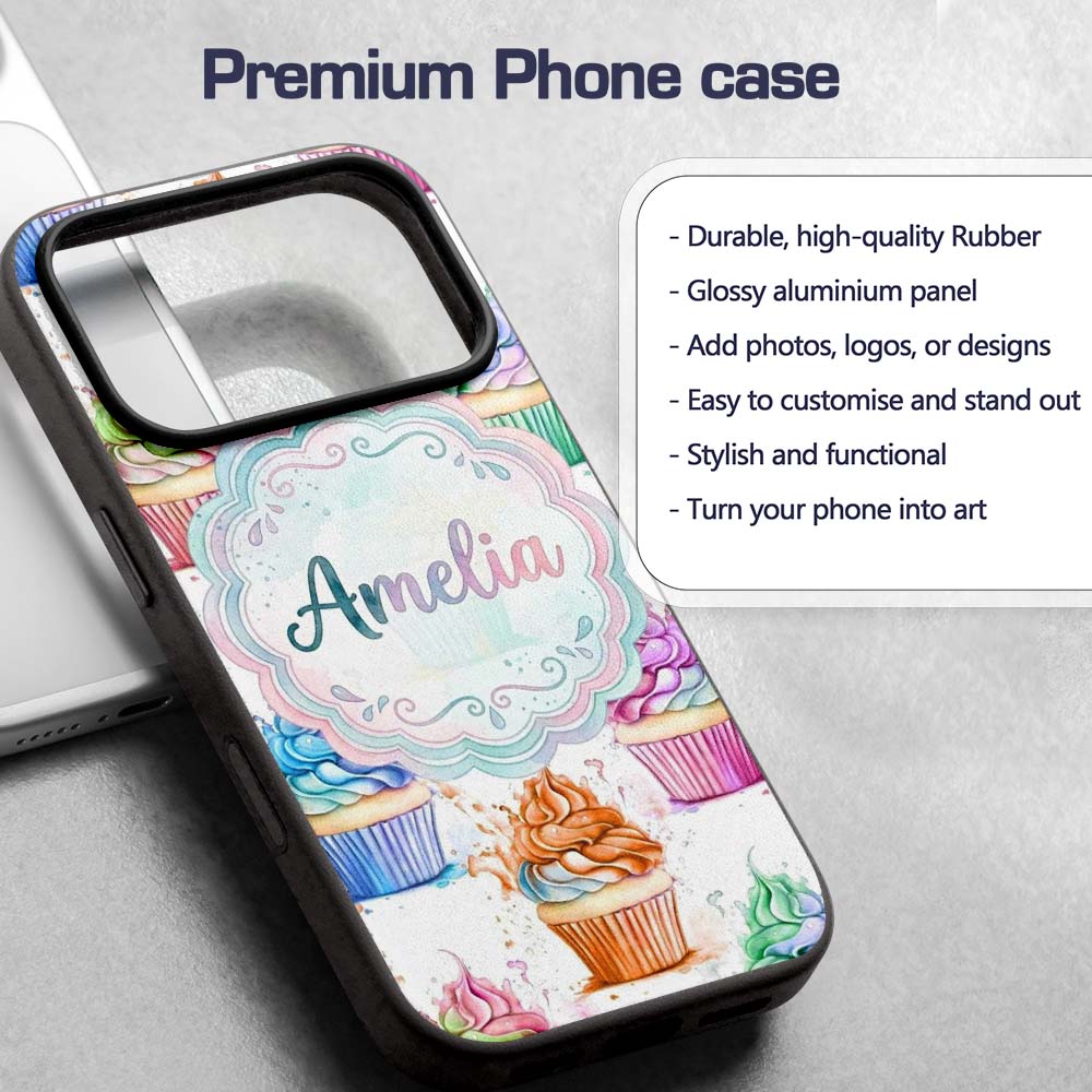 Watercolor Cupcake Sweet Dessert Splash Seamless Custom Name Protective Phone Case Mobile Cover Durable Everyday Smartphone Shock Resistant