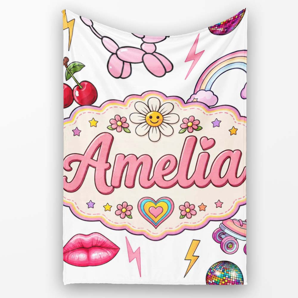 Cute Kawaii Gummy Bear Cherry Rainbow Roller Skate Grey Background Personalised Custom Name Super Soft Fleece Blanket Bed Sofa Throw