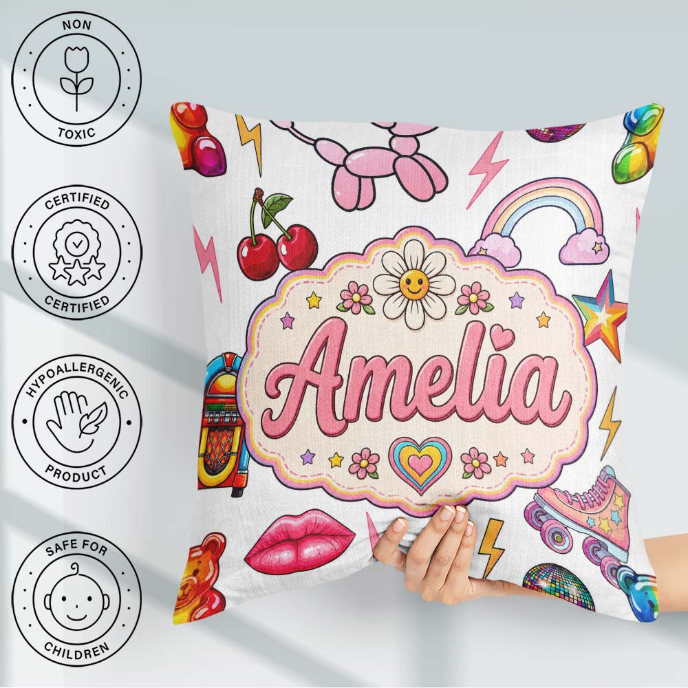 Custom Name Kawaii Gummy Bear Cherry Rainbow Roller Skate Grey Square Filled Cushion Throw Pillow Sofa Bed Home Decor Zip Washable UK Made