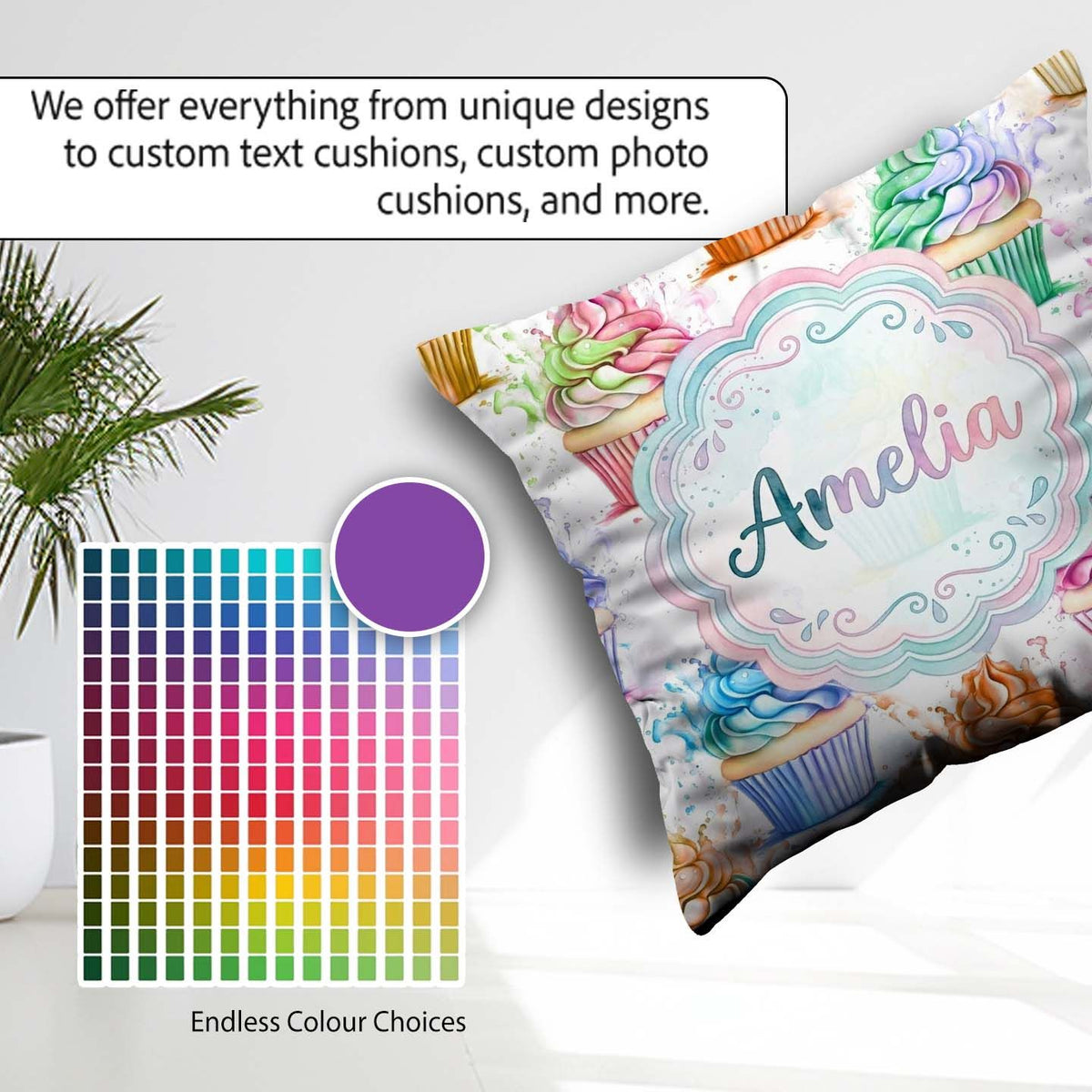 Custom Name Cupcake Sweet Dessert Splash Seamless Pattern Lovely Square Filled Cushion Throw Pillow Sofa Bed Home Decor Zip Washable UK Made