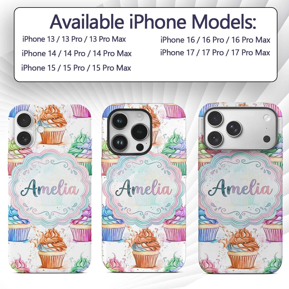 Watercolor Cupcake Sweet Dessert Splash Seamless Custom Name Protective Phone Case Mobile Cover Durable Everyday Smartphone Shock Resistant