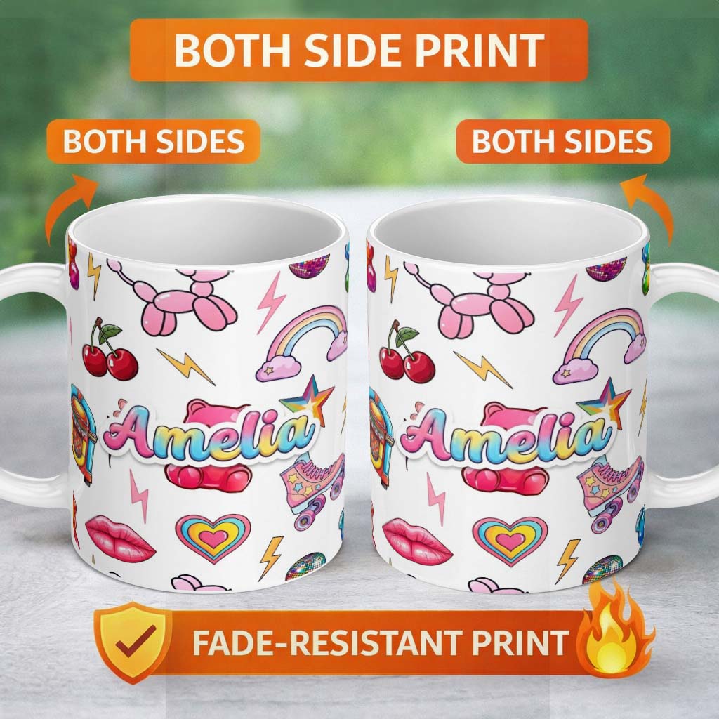 Personalized Custom Name Cute Kawaii Gummy Bear Cherry Rainbow Roller Skate White Background 11oz Ceramic Coffee Tea Mug White Large Handle