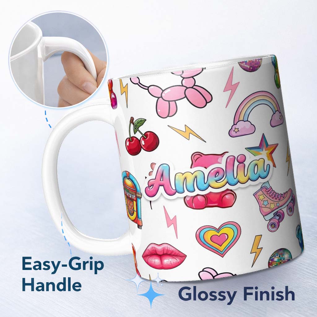 Personalized Custom Name Cute Kawaii Gummy Bear Cherry Rainbow Roller Skate White Background 11oz Ceramic Coffee Tea Mug White Large Handle