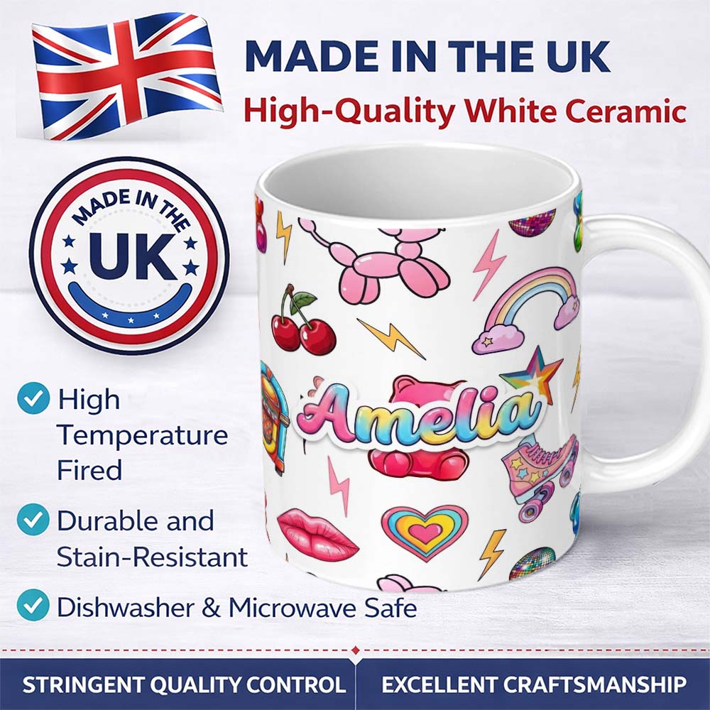 Personalized Custom Name Cute Kawaii Gummy Bear Cherry Rainbow Roller Skate White Background 11oz Ceramic Coffee Tea Mug White Large Handle
