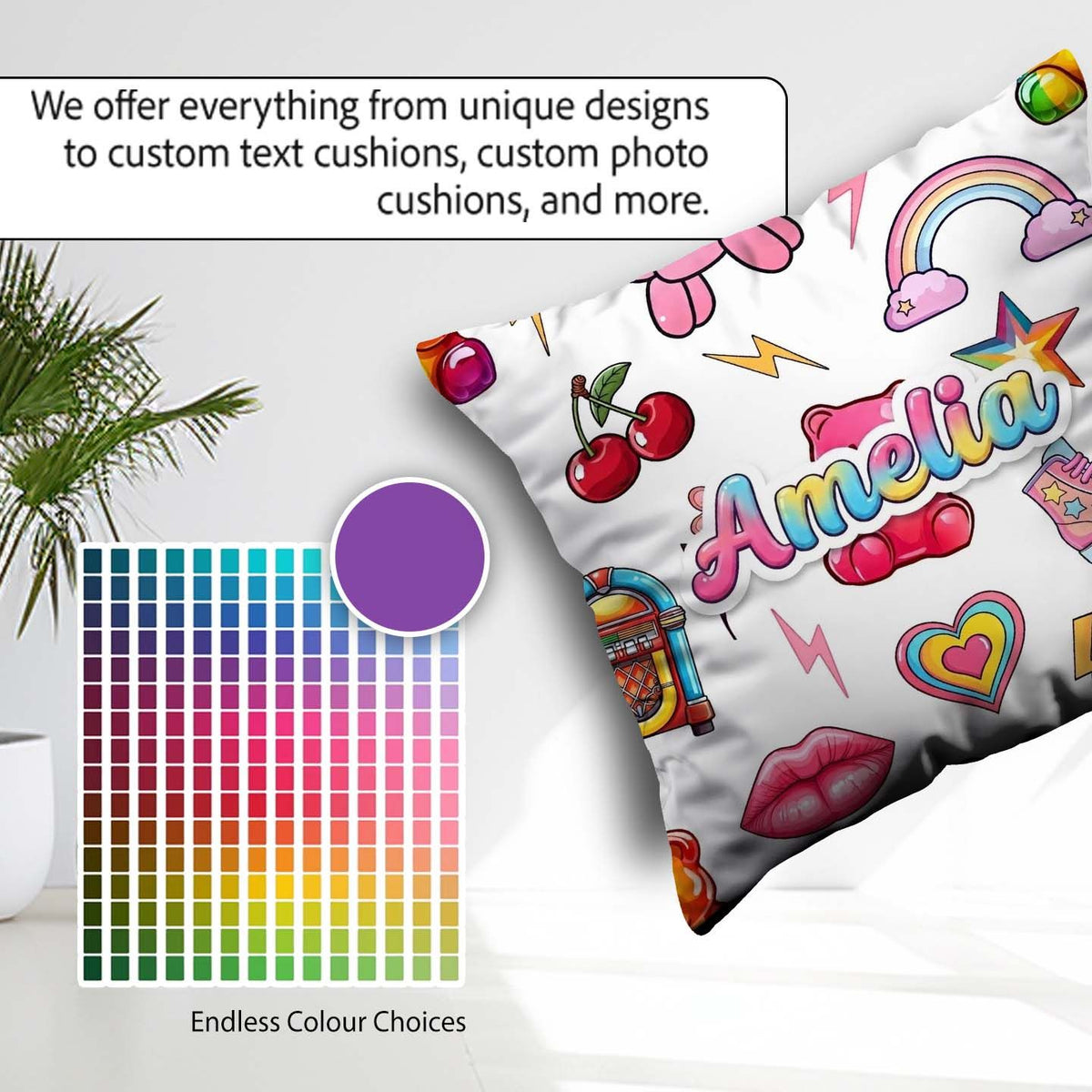 Custom Name Kawaii Gummy Bear Cherry Rainbow Roller Skate White Square Filled Cushion Throw Pillow Sofa Bed Home Decor Zip Washable UK Made