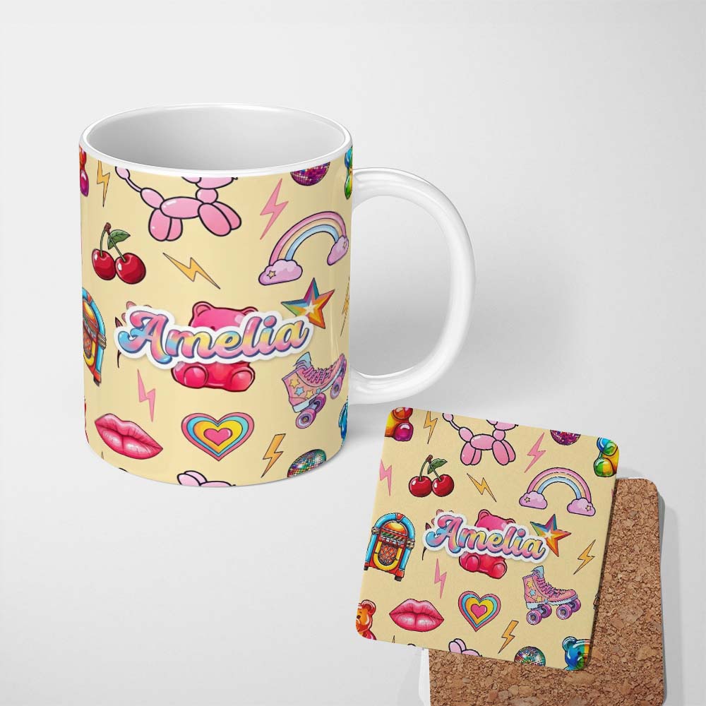 Personalized Custom Name Cute Kawaii Gummy Bear Cherry Rainbow Roller Skate Beige Background 11oz Ceramic Coffee Tea Mug White Large Handle