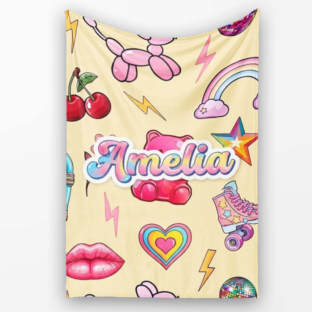 Cute Kawaii Gummy Bear Cherry Rainbow Roller Skate Beige Background Personalised Custom Name Super Soft Fleece Blanket Bed Sofa Throw