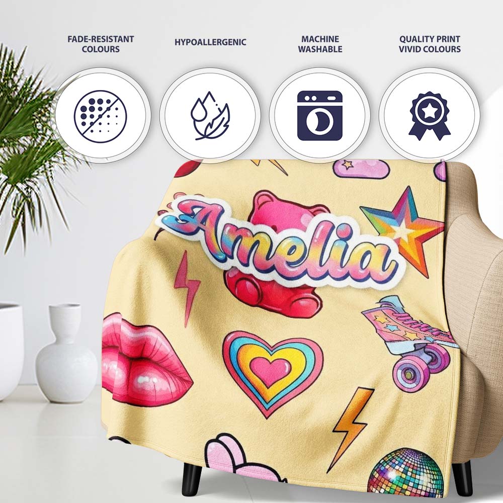 Cute Kawaii Gummy Bear Cherry Rainbow Roller Skate Beige Background Personalised Custom Name Super Soft Fleece Blanket Bed Sofa Throw