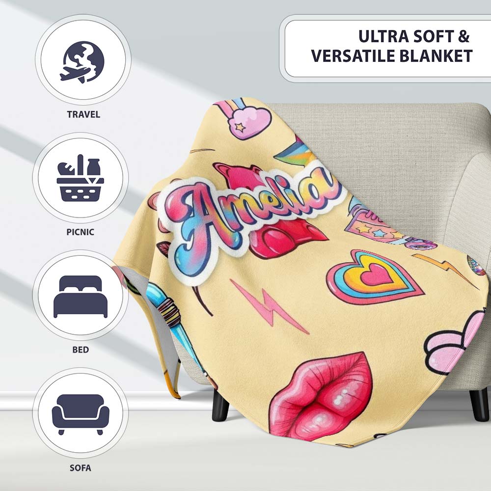 Cute Kawaii Gummy Bear Cherry Rainbow Roller Skate Beige Background Personalised Custom Name Super Soft Fleece Blanket Bed Sofa Throw