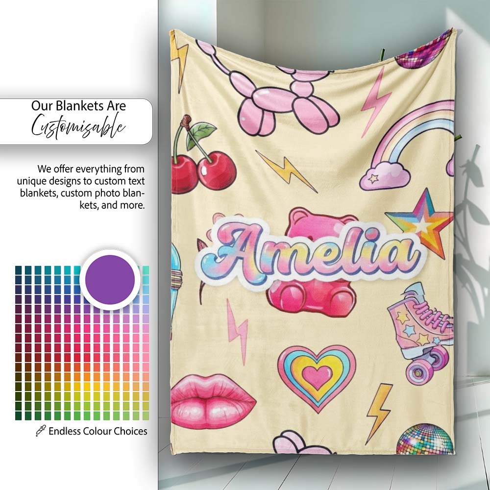 Cute Kawaii Gummy Bear Cherry Rainbow Roller Skate Beige Background Personalised Custom Name Super Soft Fleece Blanket Bed Sofa Throw