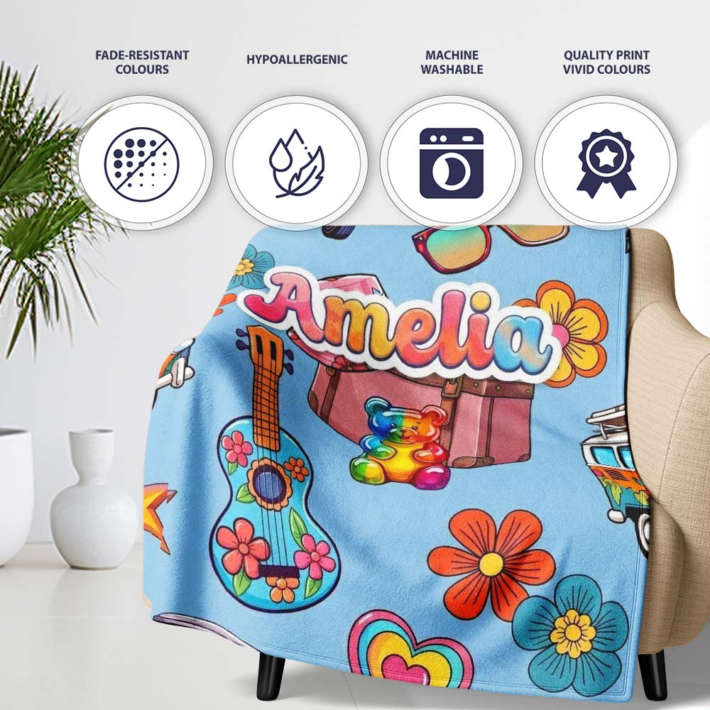 Hippie Vans Camera Guitar Floral Blue Background Seamless Custom Personalised Custom Name Super Soft Fleece Blanket Bed Sofa Throw