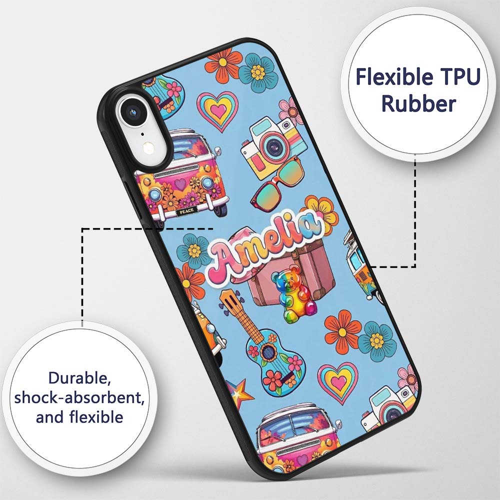 Hippie Vans Camera Guitar Floral Blue Background Custom Name Protective Phone Case Mobile Cover Durable Everyday Smartphone Shock Resistant
