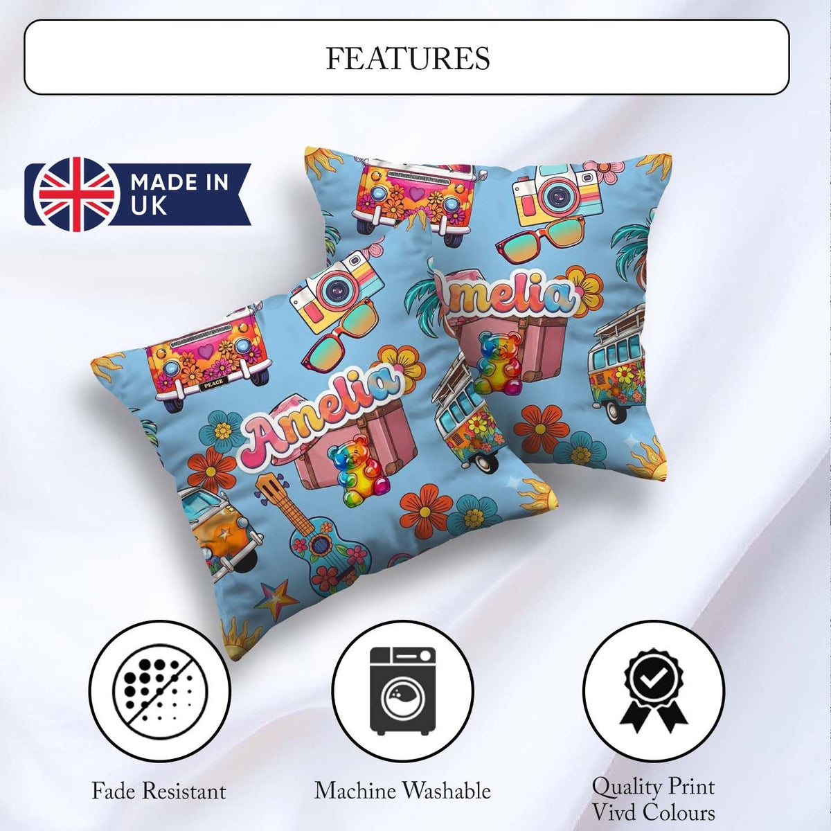 Custom Name Hippie Vans Camera Guitar Floral Background Seamless Square Filled Cushion Throw Pillow Sofa Bed Home Decor Zip Washable UK Made