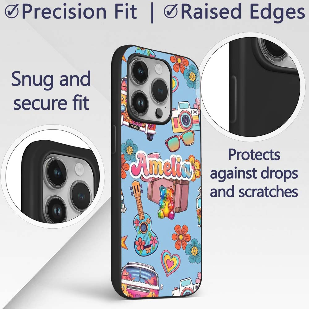 Hippie Vans Camera Guitar Floral Blue Background Custom Name Protective Phone Case Mobile Cover Durable Everyday Smartphone Shock Resistant