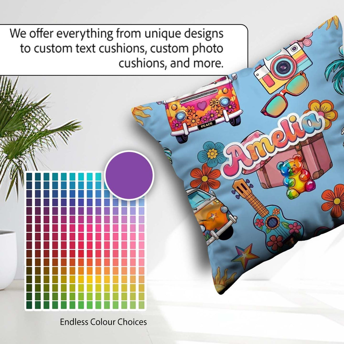 Custom Name Hippie Vans Camera Guitar Floral Background Seamless Square Filled Cushion Throw Pillow Sofa Bed Home Decor Zip Washable UK Made