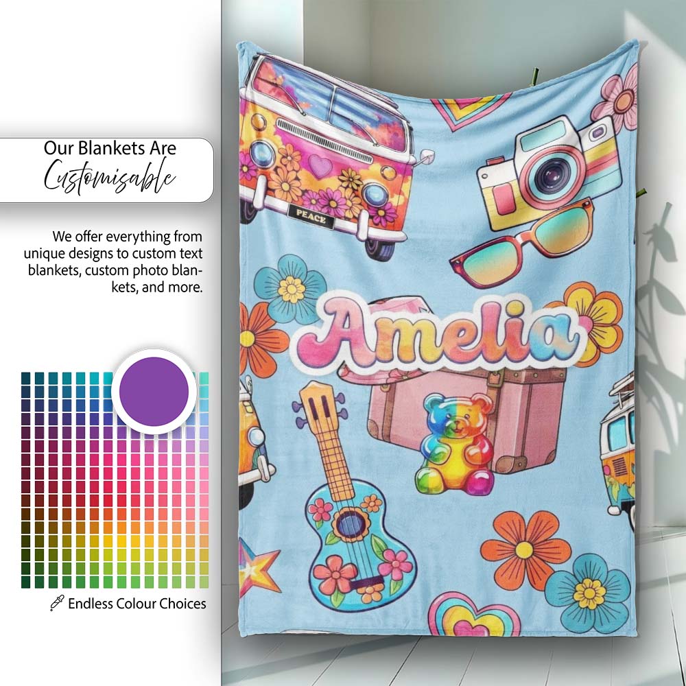 Hippie Vans Camera Guitar Floral Blue Background Seamless Custom Personalised Custom Name Super Soft Fleece Blanket Bed Sofa Throw