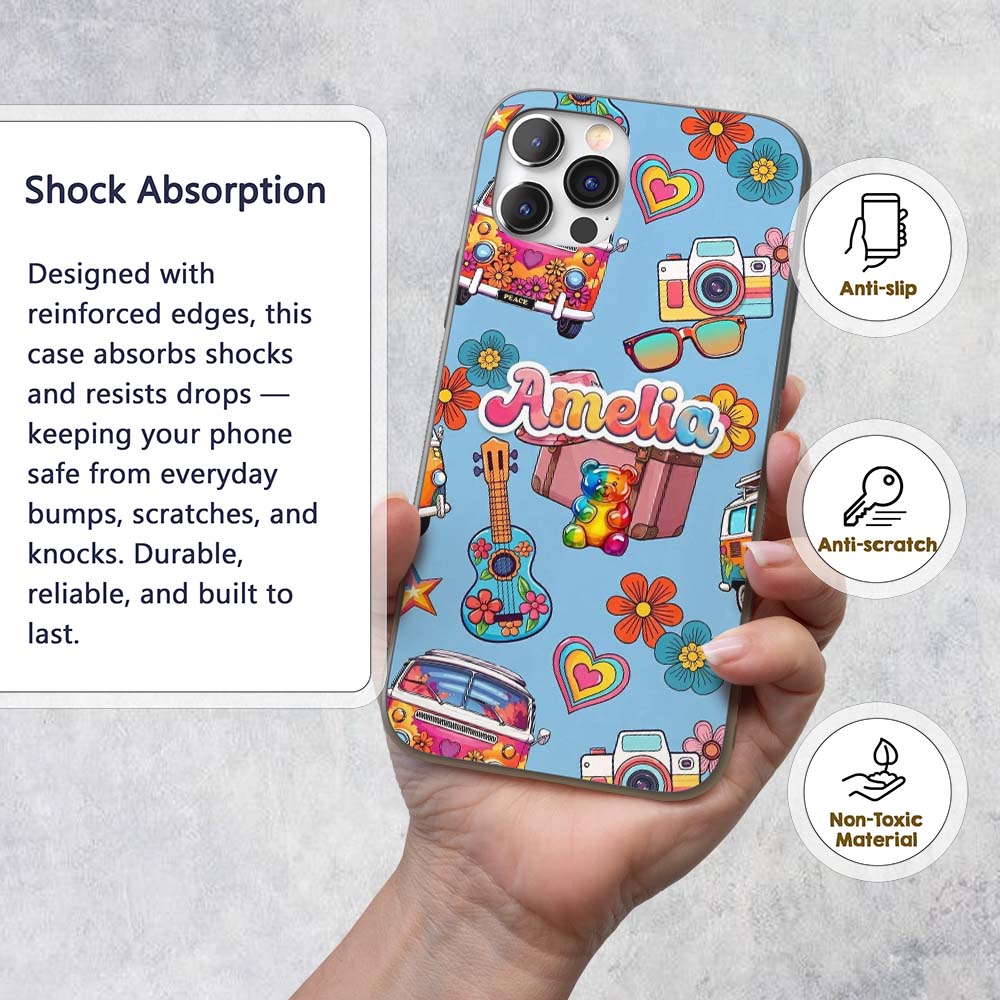 Hippie Vans Camera Guitar Floral Blue Background Custom Name Protective Phone Case Mobile Cover Durable Everyday Smartphone Shock Resistant