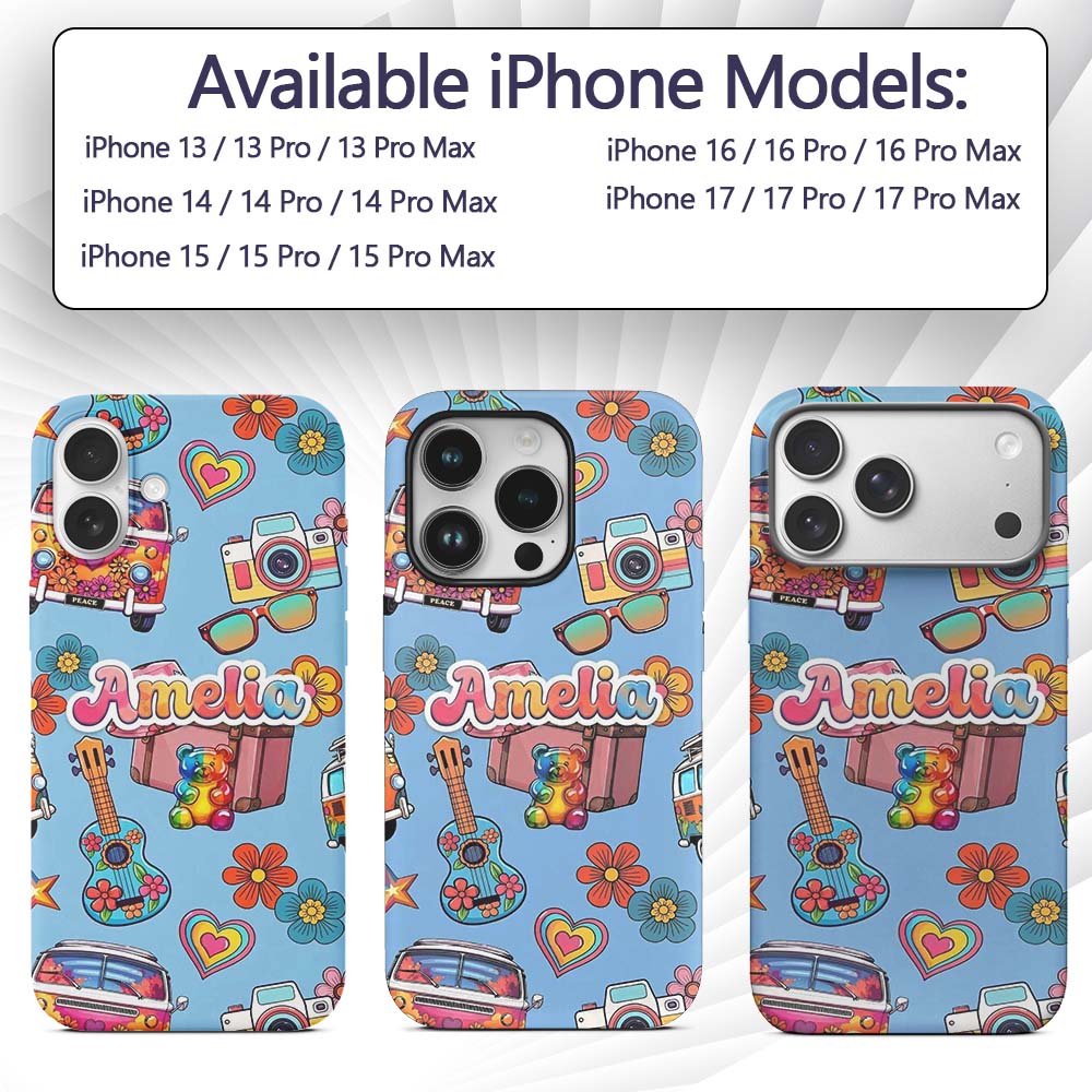 Hippie Vans Camera Guitar Floral Blue Background Custom Name Protective Phone Case Mobile Cover Durable Everyday Smartphone Shock Resistant
