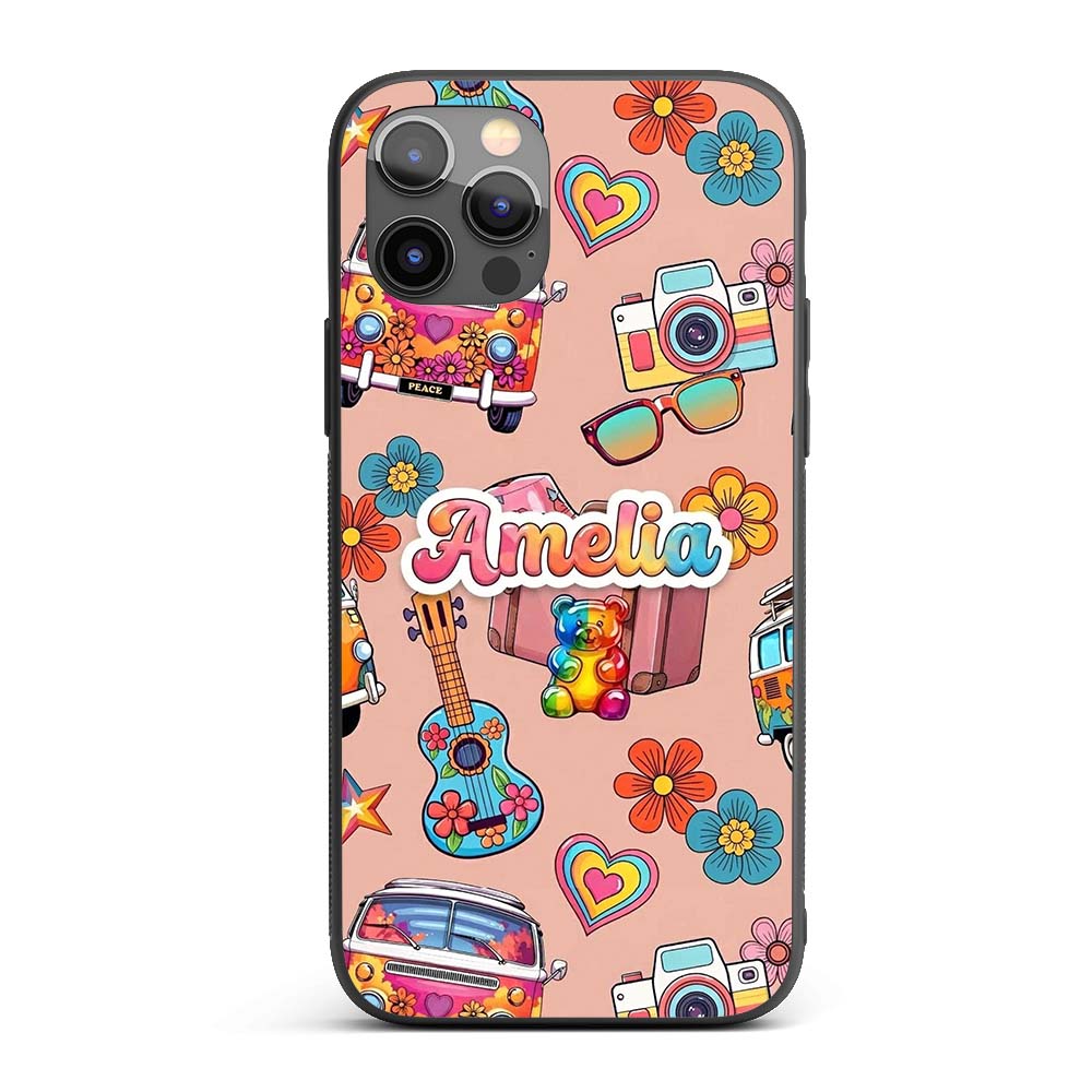 Hippie Vans Camera Guitar Floral Peach Background Custom Name Protective Phone Case Mobile Cover Durable Everyday Smartphone Shock Resistant