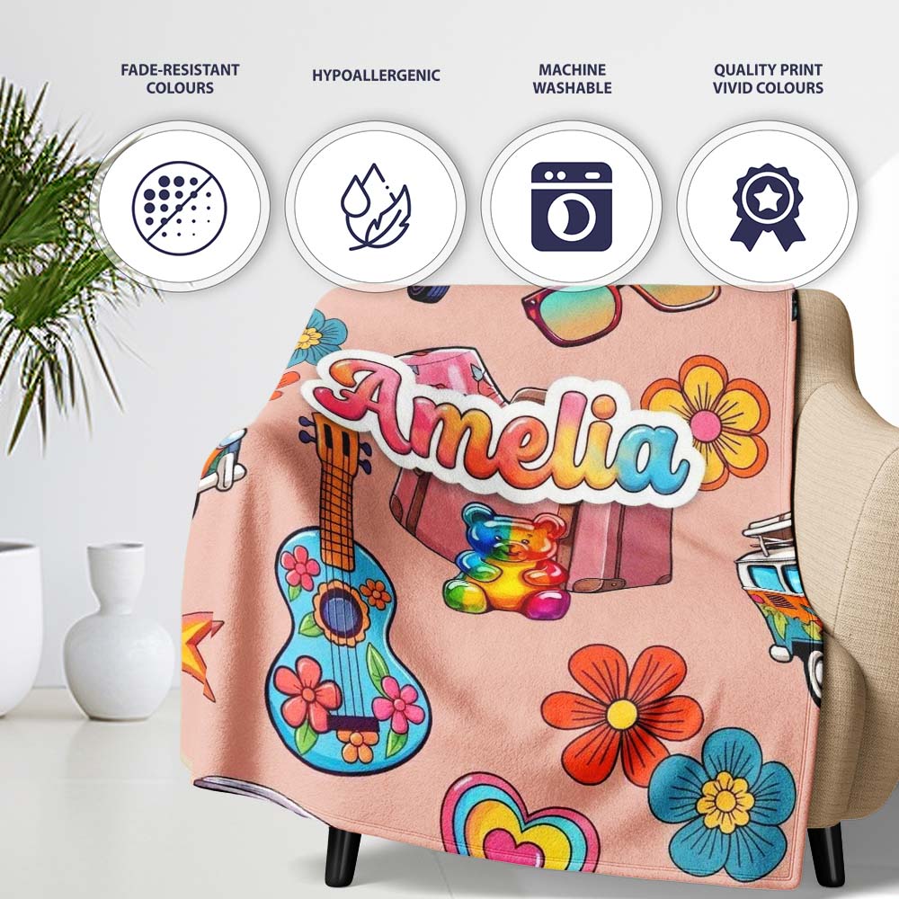 Hippie Vans Camera Guitar Floral Peach Background Seamless Name Cute Personalised Custom Name Super Soft Fleece Blanket Bed Sofa Throw
