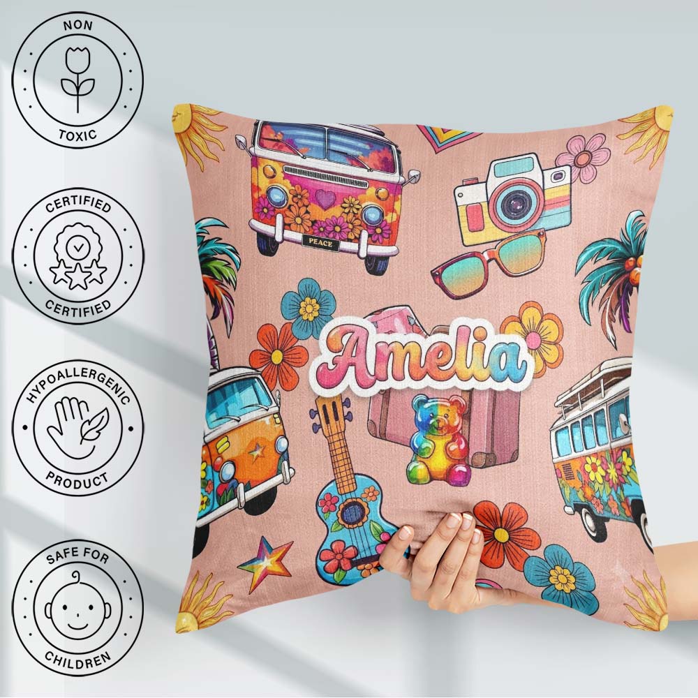 Custom Name Hippie Vans Camera Guitar Floral Peach Seamless Name Square Filled Cushion Throw Pillow Sofa Bed Home Decor Zip Washable UK Made