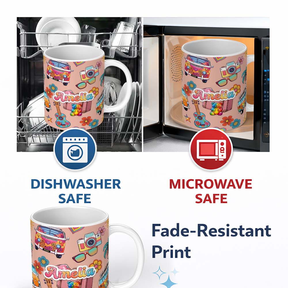 Personalized Custom Name Hippie Vans Camera Guitar Floral Peach Background Seamless Name Cute 11oz Ceramic Coffee Tea Mug White Large Handle