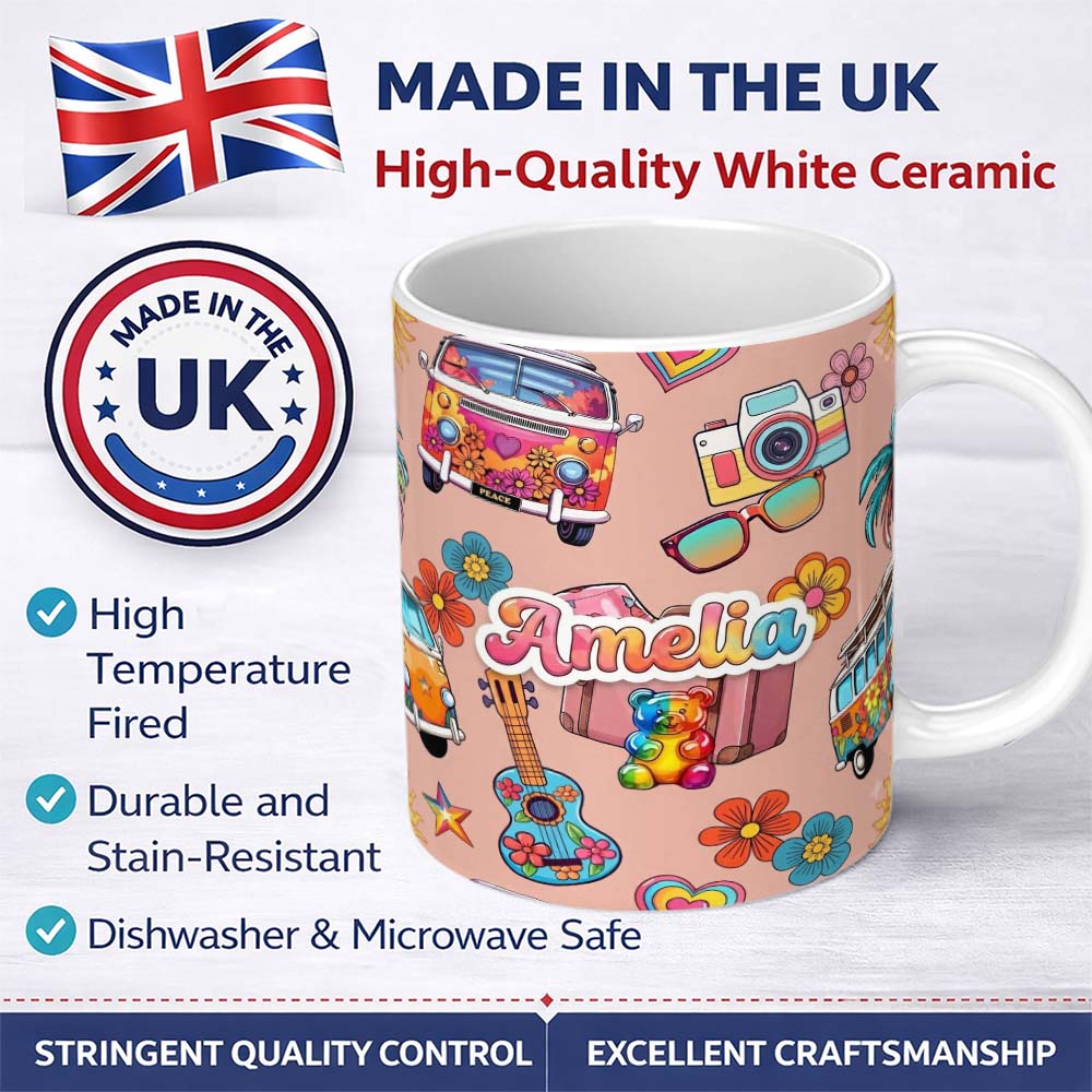 Personalized Custom Name Hippie Vans Camera Guitar Floral Peach Background Seamless Name Cute 11oz Ceramic Coffee Tea Mug White Large Handle
