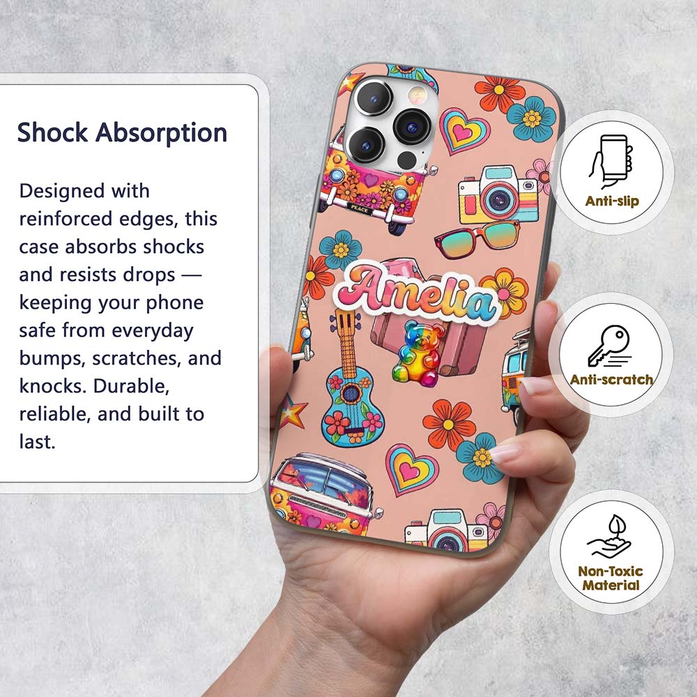 Hippie Vans Camera Guitar Floral Peach Background Custom Name Protective Phone Case Mobile Cover Durable Everyday Smartphone Shock Resistant