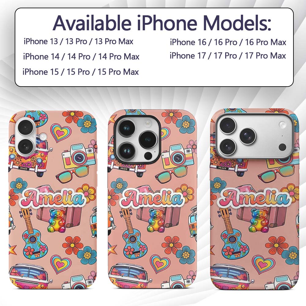 Hippie Vans Camera Guitar Floral Peach Background Custom Name Protective Phone Case Mobile Cover Durable Everyday Smartphone Shock Resistant